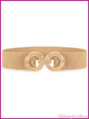 Wide Straw Woven Elastic Belt with Gold Buckle Stretch Boho Dress Belt